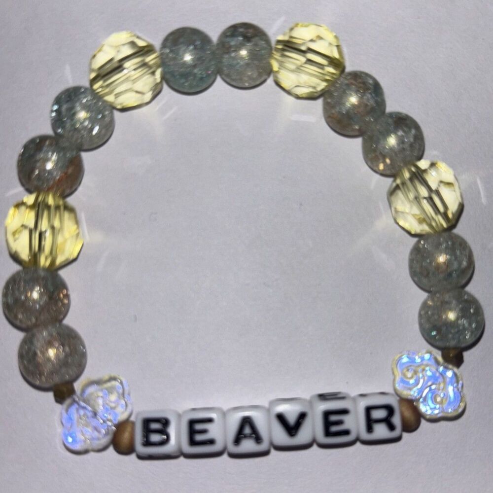 Beaver Beaded Stretch Bracelet Gray Yellow Y2K Handmade Adult Humor Jewelry